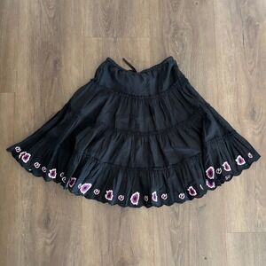 NEW MISA Los Angeles XS Tiered Mini Skirt Black Embroidered Floral Flirty Fun